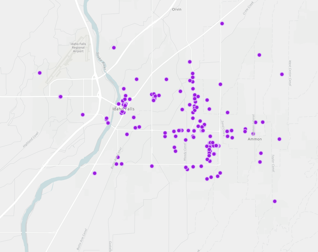 Purple dots on map showing mental health providers near Idaho Falls